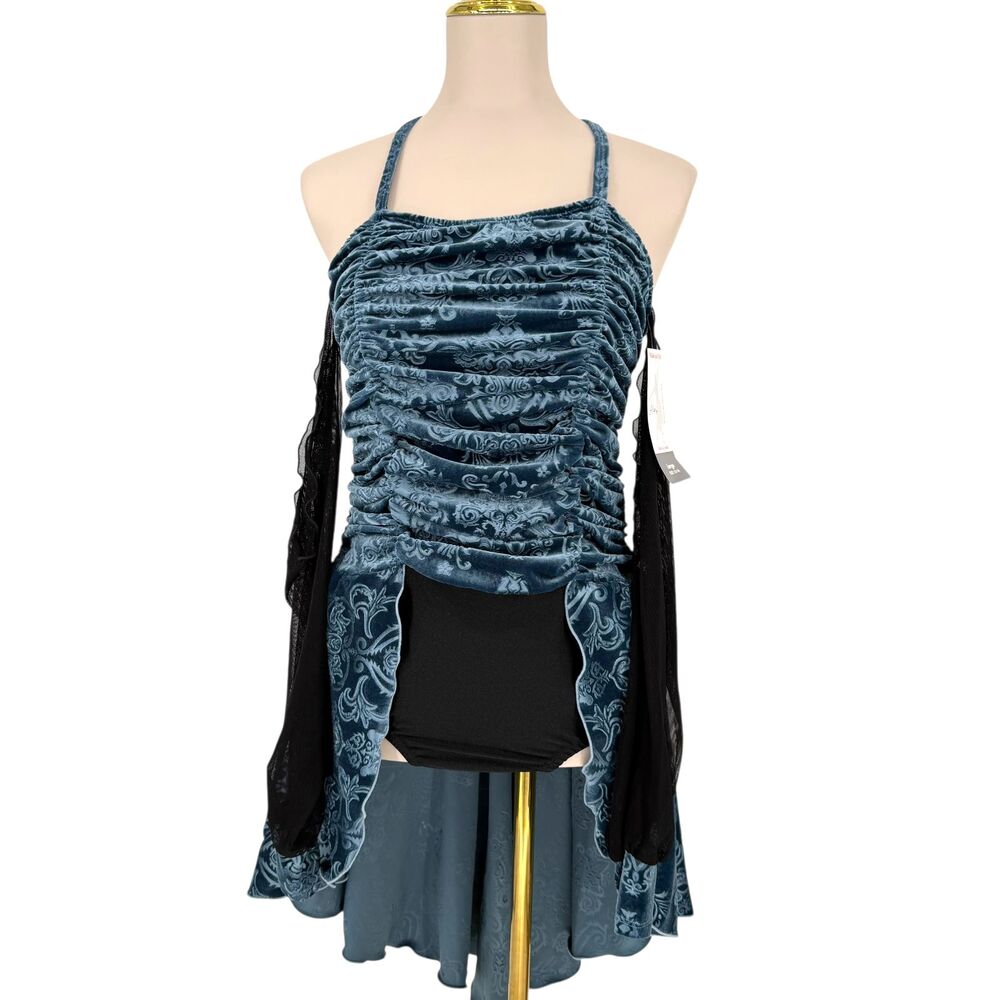 Pumpers Dance Dress L Blue Lyrical Costume Burnout Damask Mesh Sleeve Leotard - Picture 3 of 12